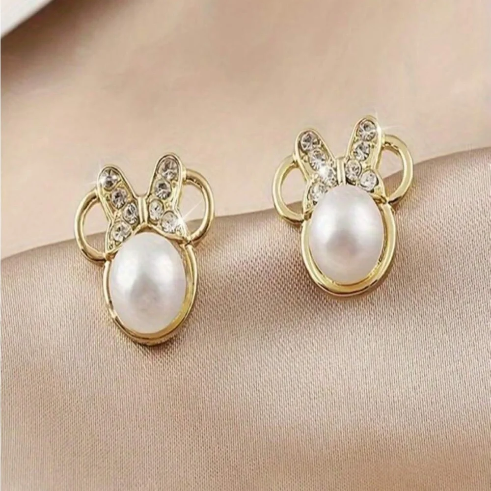 Gold Minnie Mouse Pearl Studs, Minnie Mouse Stud Earrings - Picture 2 of 5